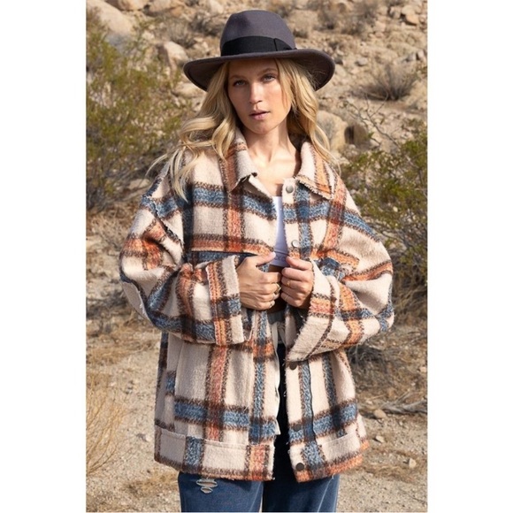 NEW Anthropologie POL Womens Beige Multi Buffalo Plaid coat oversized Large - Picture 3 of 10